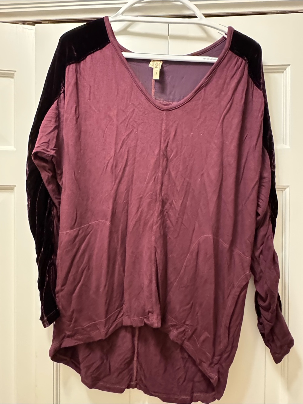 XCVI Plum V-Neck Tunic with Black Velvet Shoulder Panels